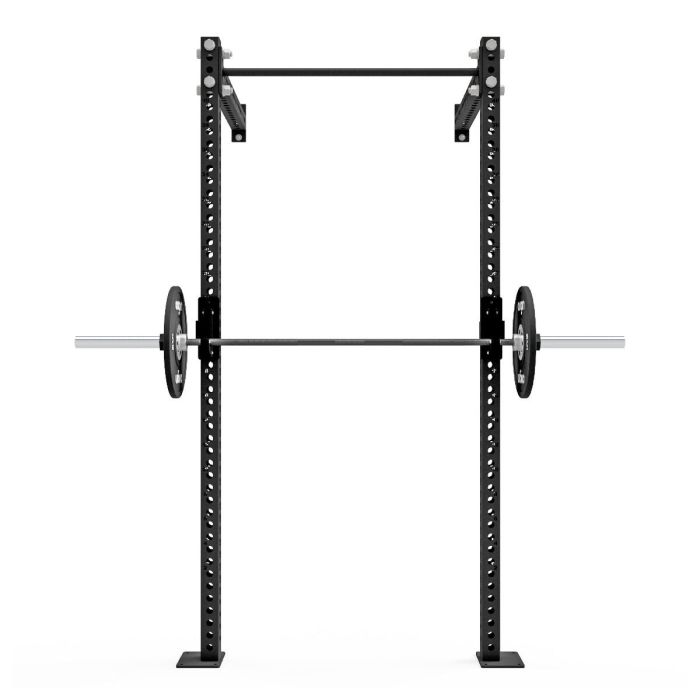 Origin Performance Series Wall Mounted Squat Rack View from Directly in front, showing Pull up bar and Display barbell with weights on j hooks