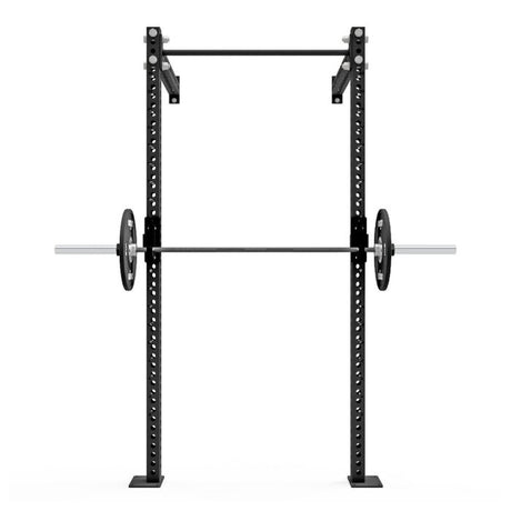 Origin Performance Series Wall Mounted Squat Rack View from Directly in front, showing Pull up bar and Display barbell with weights on j hooks