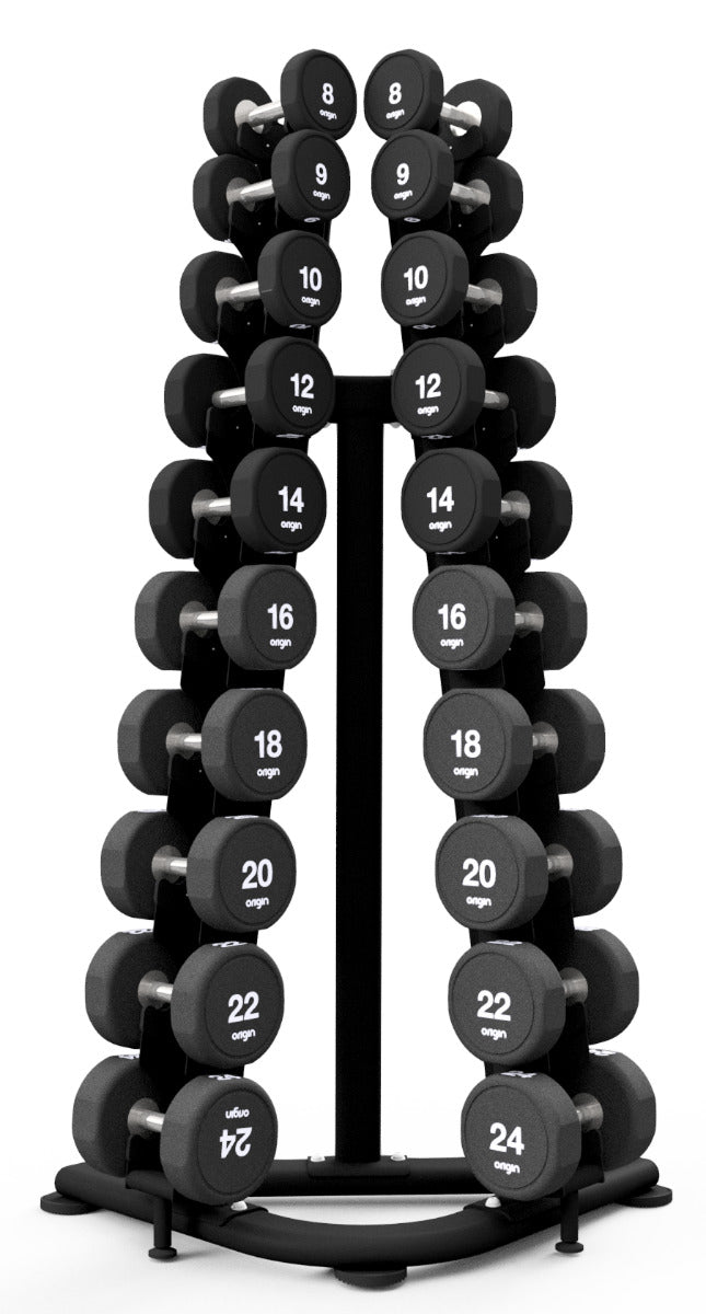 Origin Premium 10-Pair Vertical Dumbbell Rack From front displaying Dumbbells 