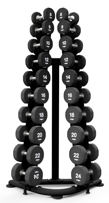 Origin Premium 10-Pair Vertical Dumbbell Rack From front displaying Dumbbells 