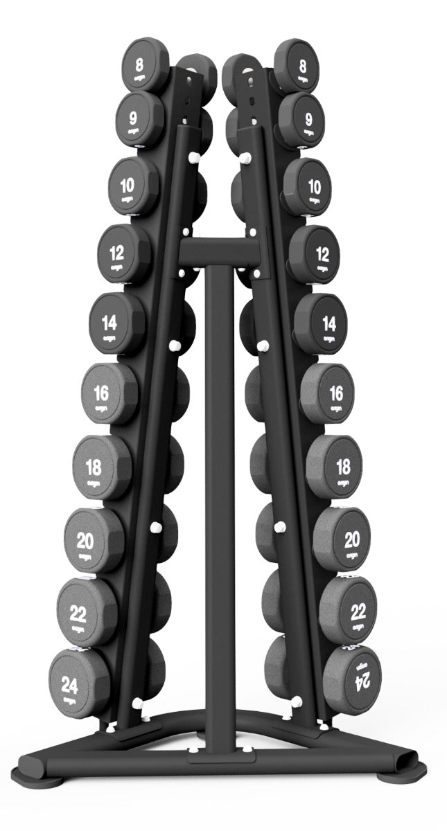 Origin Premium 10-Pair Vertical Dumbbell Rack from Rear displaying dumbbells 