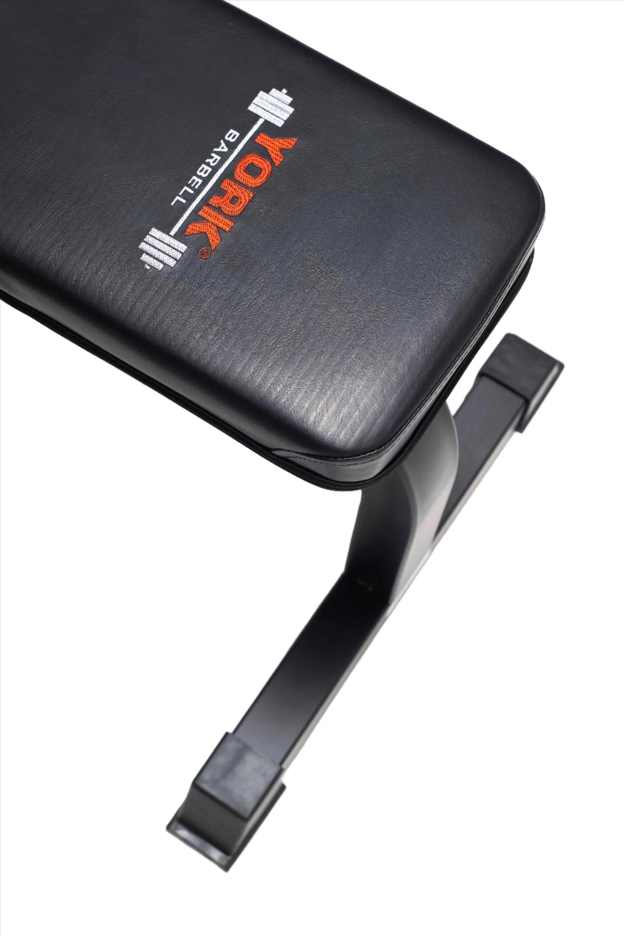 York Barbell C19B Flat bench branding on bench close up