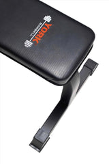 York Barbell C19B Flat bench branding on bench close up