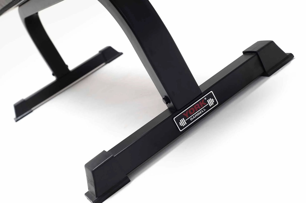 York Barbell C19B Flat Bench feet close up with branding