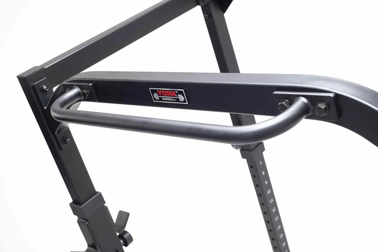 York Barbell C19P Olympic Power Cage Pull up bar and branding close up