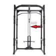 YorkBarbell Pulley attachment being displayed inside the rack 