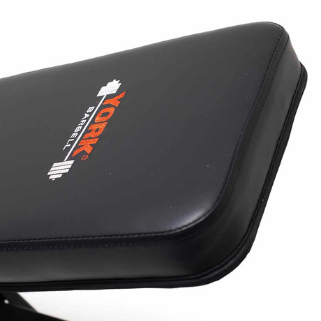 York Barbell C32DB Flat to Incline Dumbbell Bench close up of branding on bench