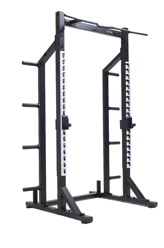 York Barbell C32HR Olympic Half Rack with Pull Up Bar, Plate & Barbell Storage Front angle view 