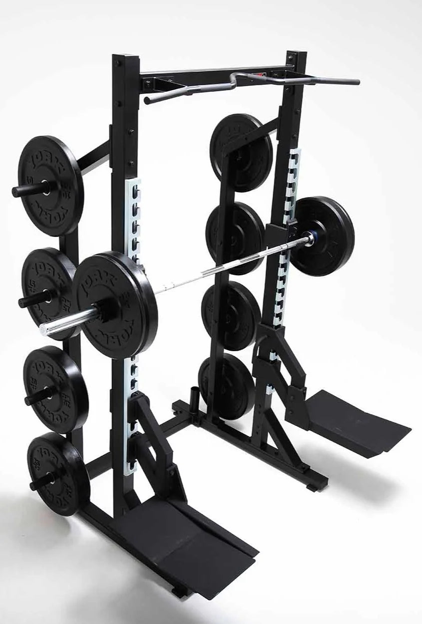 York Barbell C32HR Olympic Half Rack with Pull Up Bar, Plate & Barbell Storage displaying full set up with plates and barbell and drop pads