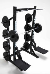 York Barbell C32HR Olympic Half Rack with Pull Up Bar, Plate & Barbell Storage displaying full set up with plates and barbell and drop pads