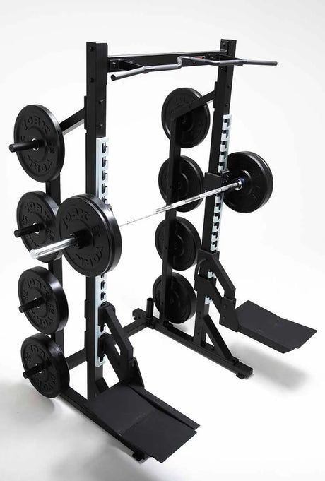 York Barbell C32HR Olympic Half Rack with Pull Up Bar, Plate & Barbell Storage displaying full set up with plates and barbell and drop pads