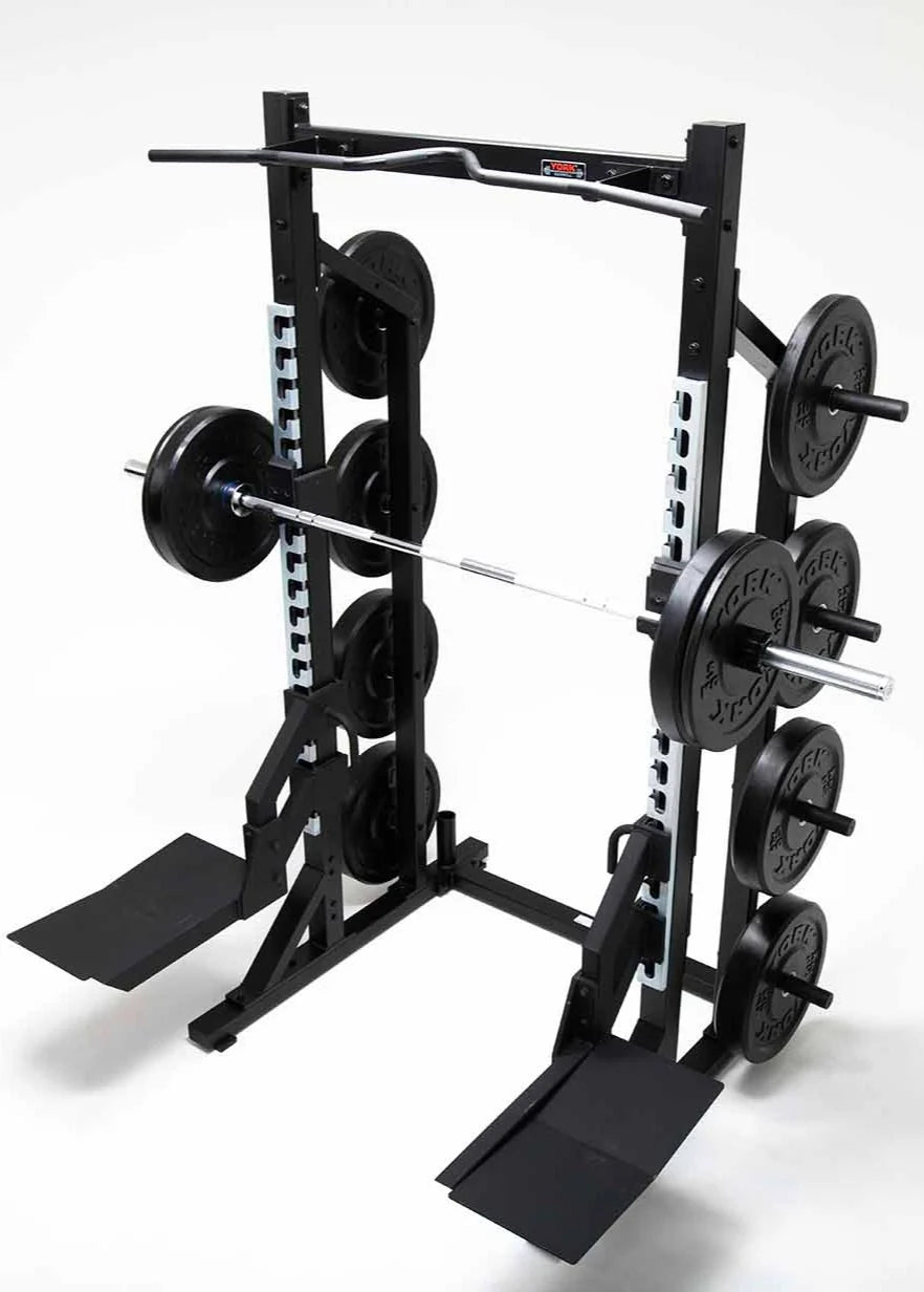 York Barbell C32HR Olympic Half Rack with Pull Up Bar, Plate & Barbell Storage full set up displayed 