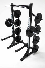 York Barbell C32HR Olympic Half Rack with Pull Up Bar, Plate & Barbell Storage Full set up displayed birdseye view 