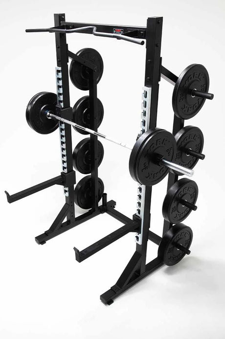 York Barbell C32HR Olympic Half Rack with Pull Up Bar, Plate & Barbell Storage Full set up displayed birdseye view 