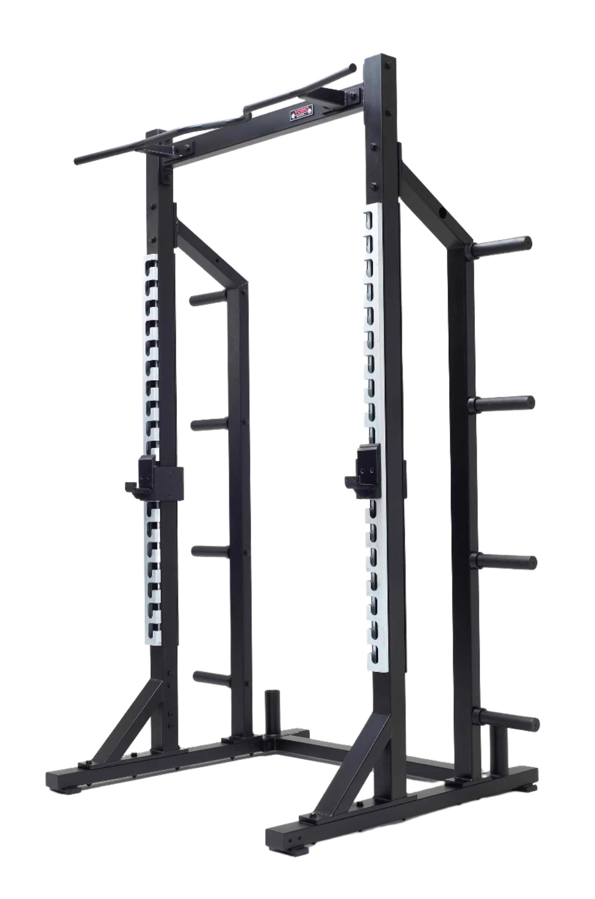 York Barbell C32HR Olympic Half Rack with Pull Up Bar, Plate & Barbell Storage right front angle view