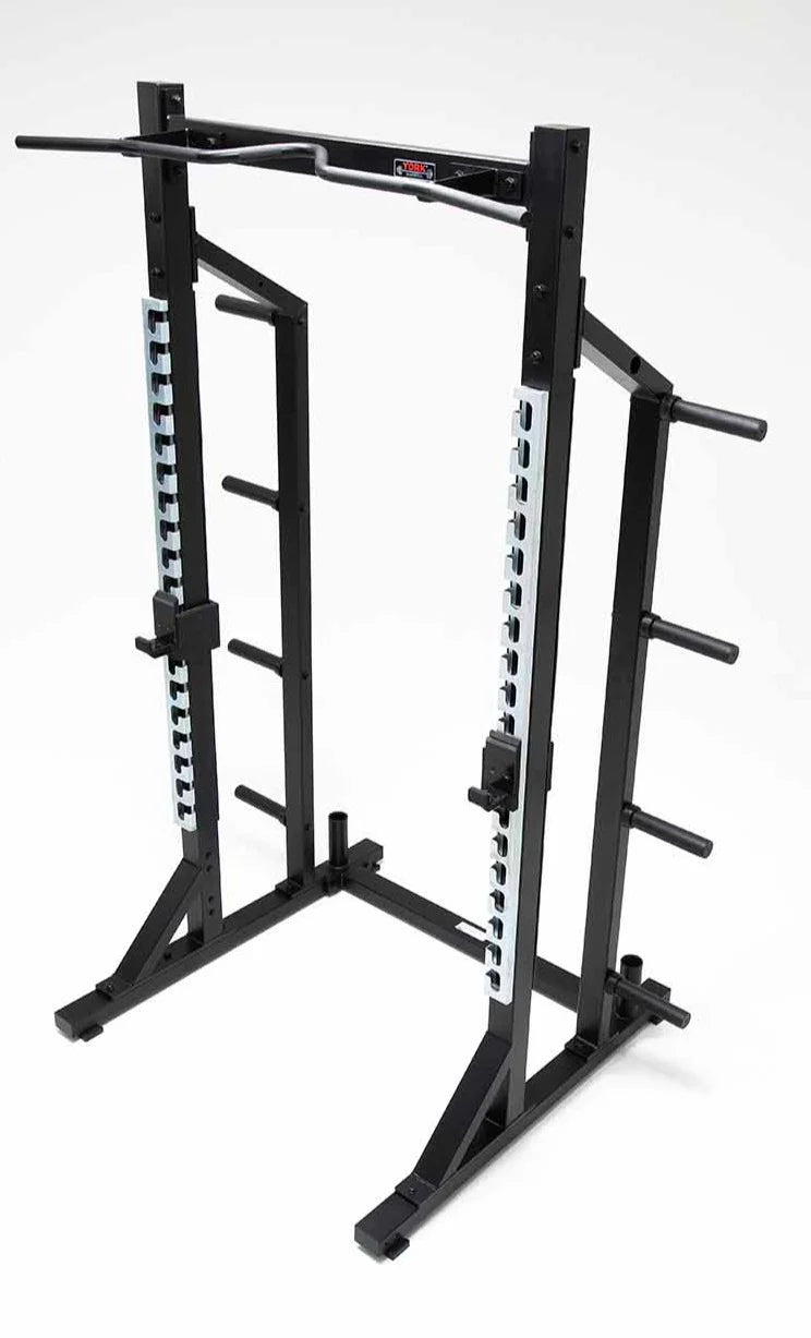 York Barbell C32HR Olympic Half Rack with Pull Up Bar, Plate & Barbell Storage top view from front 