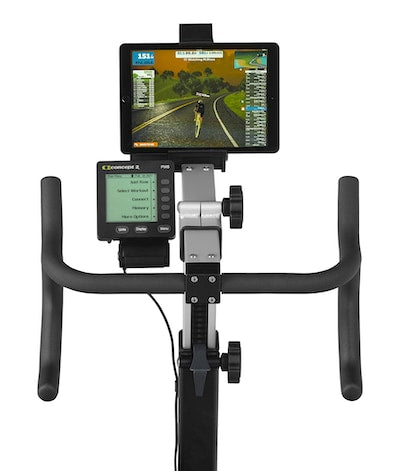 Concept 2 Bike Erg, showing handles, tracking device and ipad attachment.