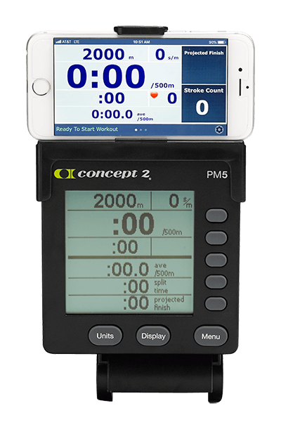 concept2 skierg, close up of tracking monitor and iphone. 